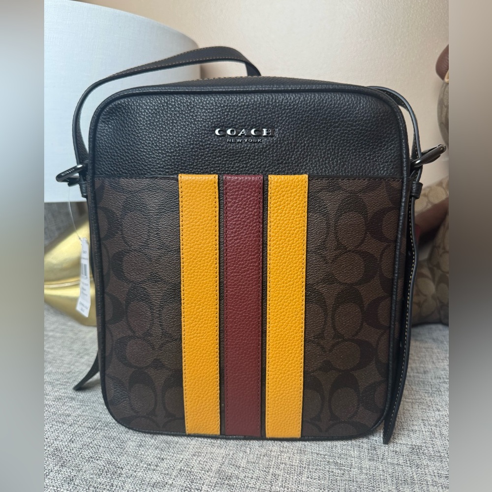 $179 COACH MEN’S HUDSON Crossbody 21 Bag In Signature Varsity Stripe - Picture 1 of 7